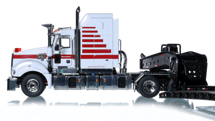 1:50 Scale Diecast Model of Mammoet Mack Titan with Black Fontaine 100-Ton 5-Axle Drop Side Rail Trailer