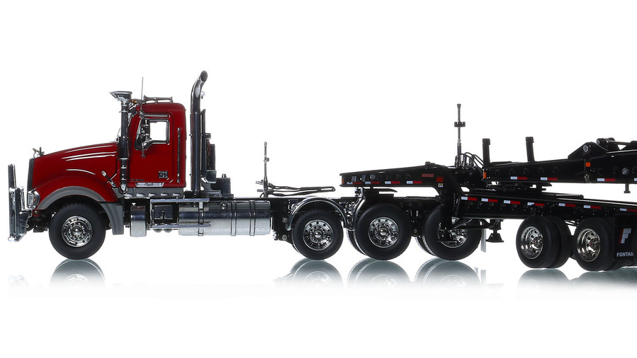 1:50 Scale Diecast Model of DHH Red Mack Titan with Black Fontaine 3x3x3 Flat Level Deck Trailer