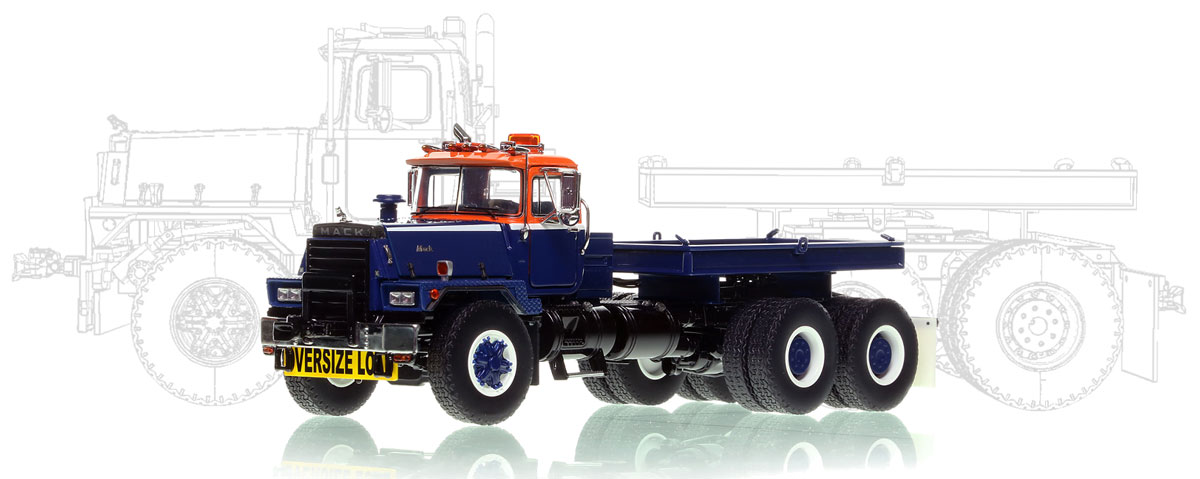 1:50 scale diecast model of Mack RD800 Tandem Axle Tractor with Ballast Tray - Orange/Blue over Black