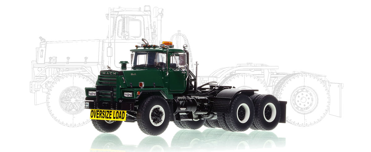 1:50 diecast scale model of the Mack RD800 Green over Black with 50-ton Winch