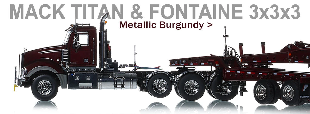 1:50 scale diecast model of Metallic Burgundy Mack Titan and Fontaine Magnitude 80 3x3x3