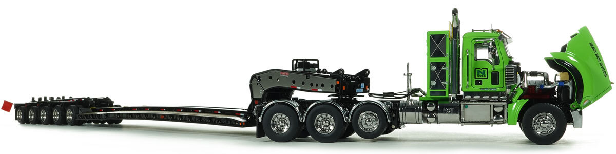 1:50 Scale Diecast Model of Nuss Mack Titan Tri-Axle with Black Fontaine 100-Ton 5-Axle Drop Side Rail Trailer