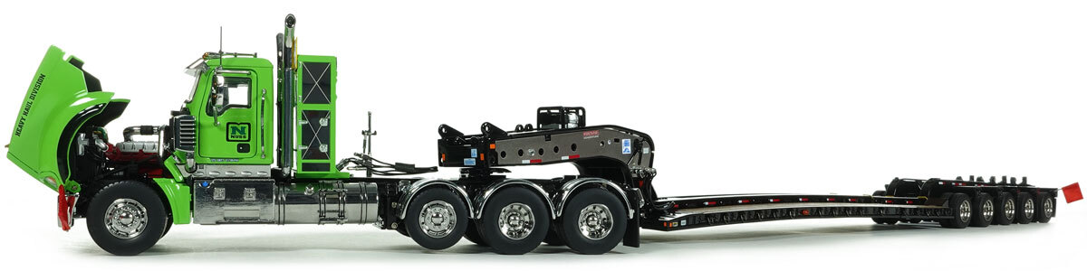 1:50 Scale Diecast Model of Nuss Mack Titan Tri-Axle with Black Fontaine 100-Ton 5-Axle Drop Side Rail Trailer