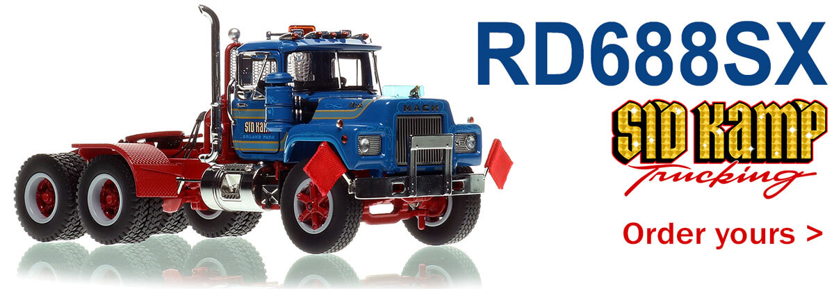 1:50 scale diecast model of  Sid Kamp Trucking 1987 Mack RD688SX tandem axle tractor