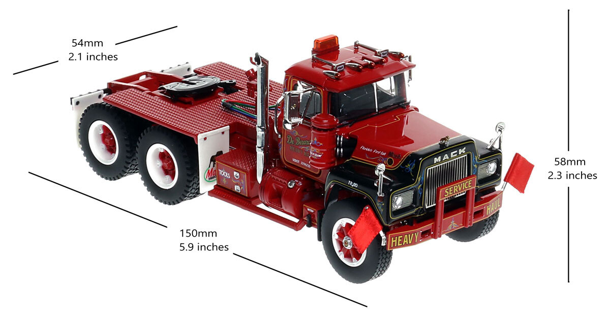 Dimensions of 1:50 scale model of DeBerardinis Heavy Haul 1988 Mack R tandem axle tractor