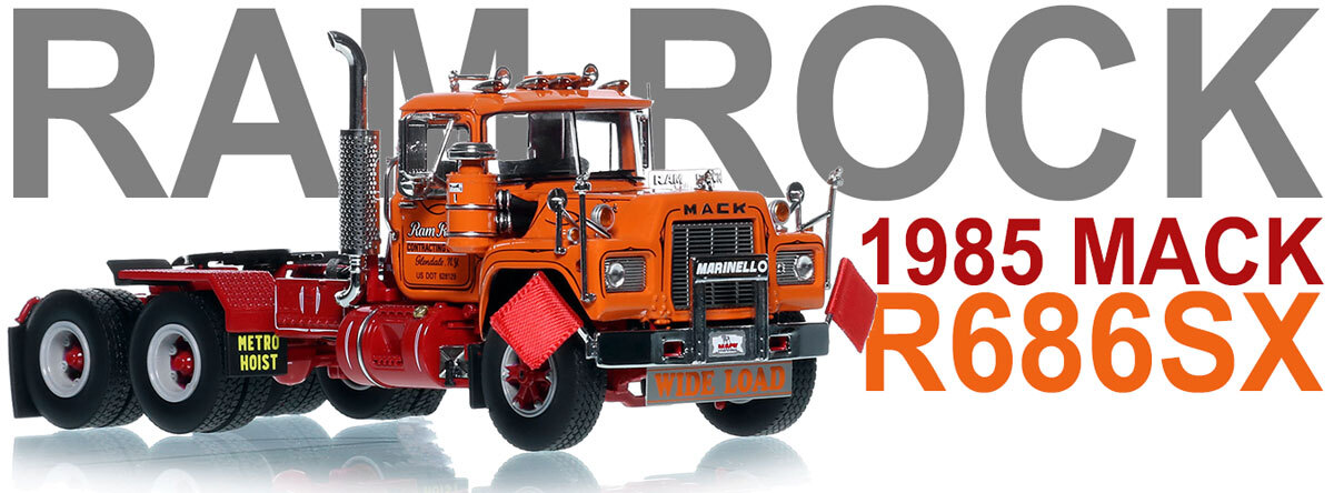 1:50 scale diecast model of Ram Rock Contracting Company 1985 Mack R686SX Tandem Axle Tractor