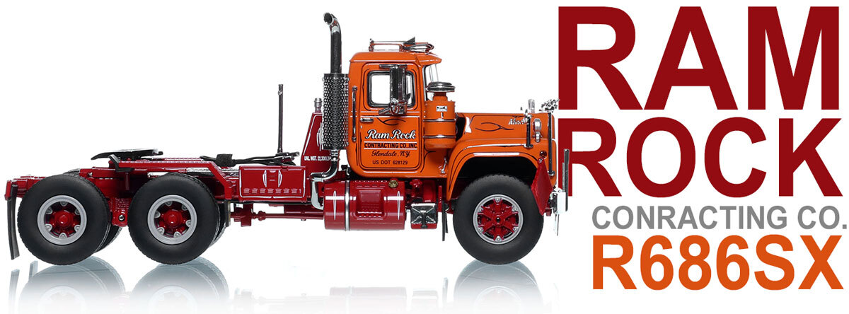 1:50 scale diecast model of Ram Rock Contracting Company 1985 Mack R686SX Tandem Axle Tractor