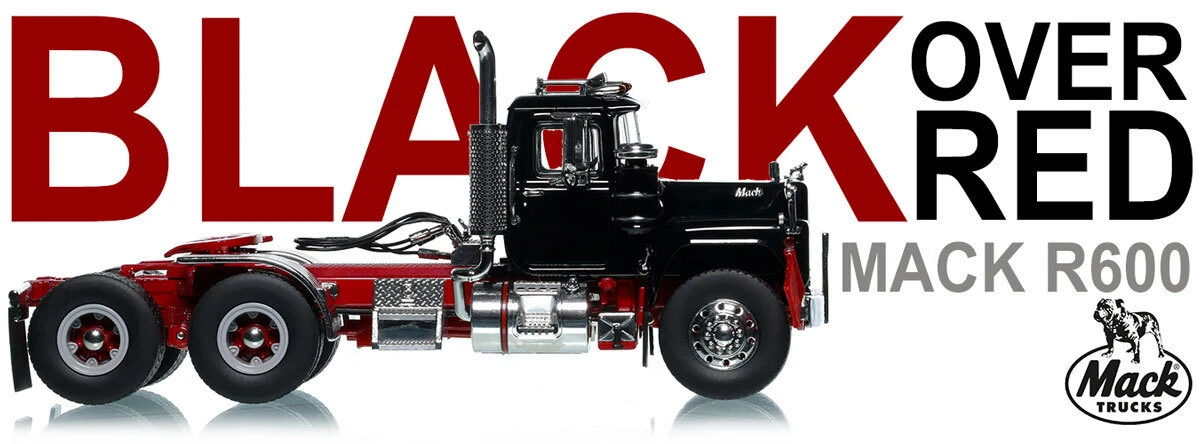1:50 scale diecast model of Mack R600 Tandem Axle Tractor - Black over DHH Red