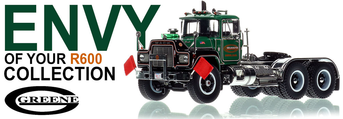 1:50 scale diecast model of G. Greene Construction 1977 Mack R612SX tandem axle tractor