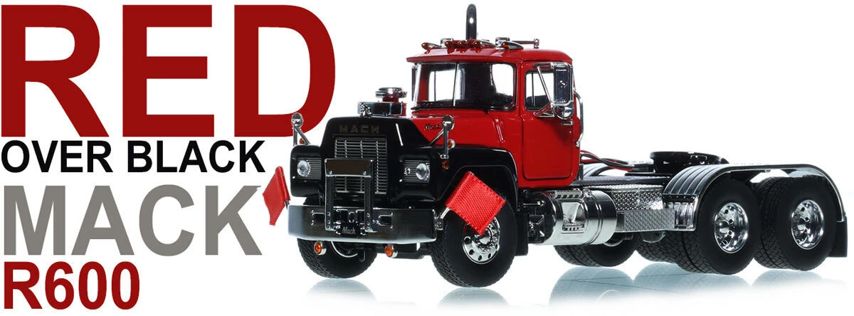 1:50 scale diecast model of Mack R600 Tandem Axle Tractor - DHH Red over Black with Black Fenders