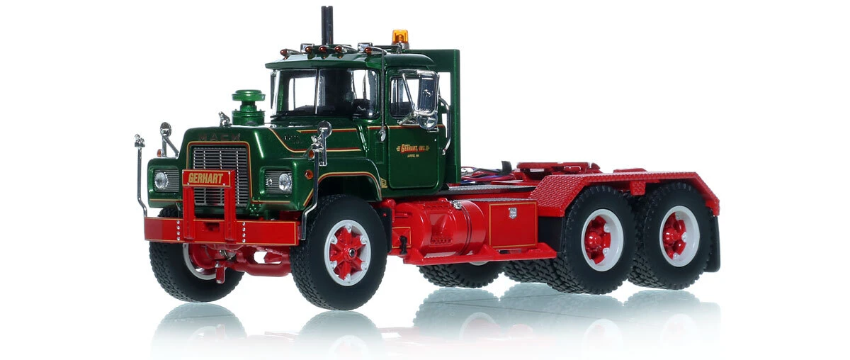 1:50 scale diecast model of Roger E. Gerhart 1990 Mack R688SX Tandem Axle Tractor