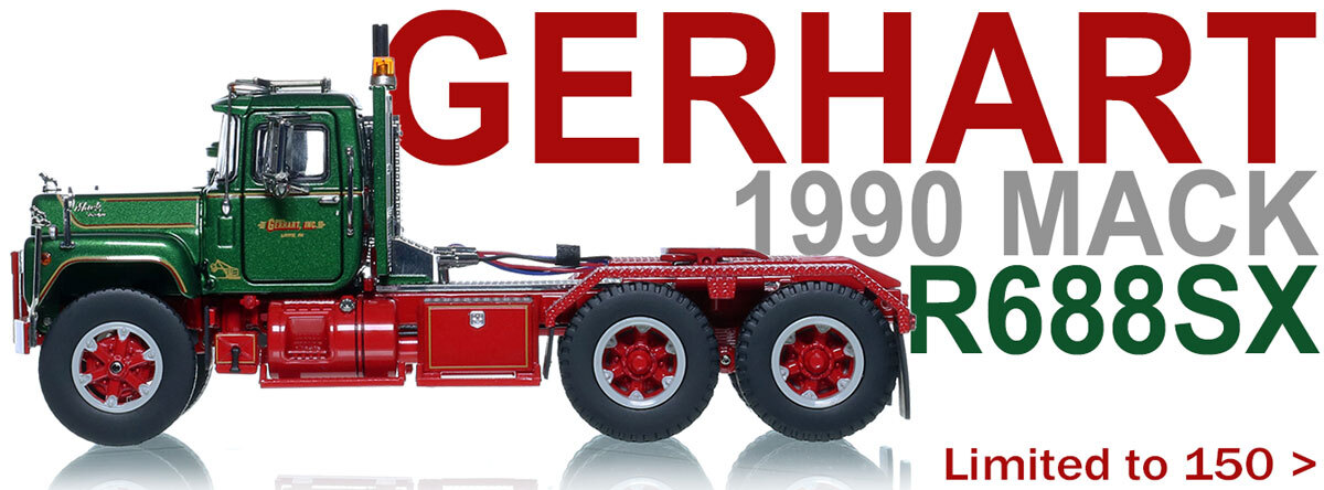 1:50 scale diecast model of Roger E. Gerhart 1990 Mack R688SX Tandem Axle Tractor