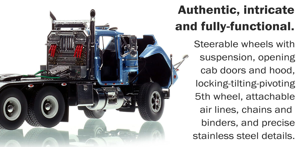 Functionality of 1:50 scale diecast model of Fiore Asphalt Paving 1987 Mack R686ST tandem axle tractor