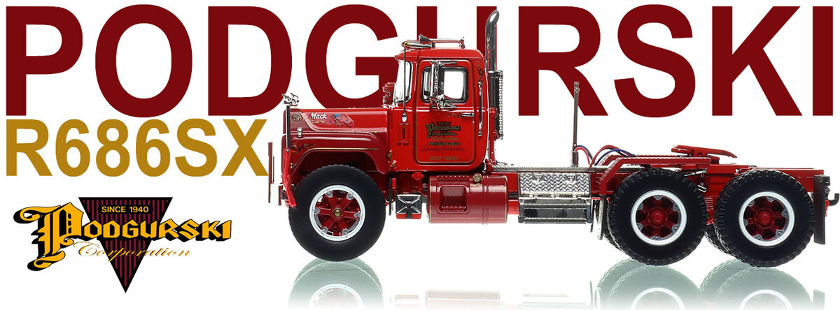 1:50 scale diecast model of Podgurski Corporation 1979 Mack R686SX tandem axle tractor