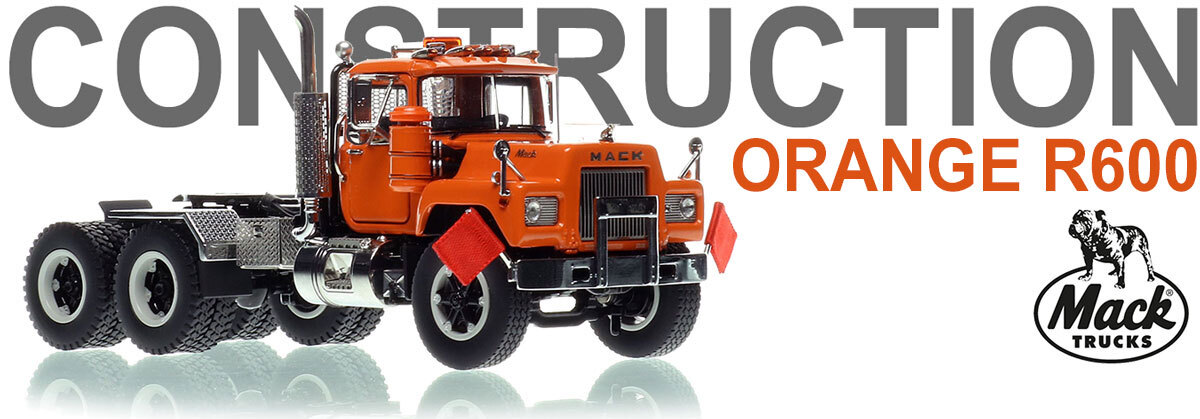 1:50 scale diecast model of Mack R600 Tandem Axle Tractor - Orange 2010 over Black