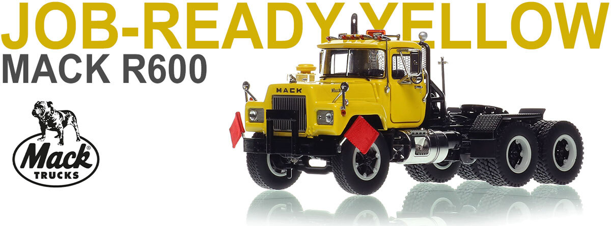 1:50 scale diecast model of  Mack R600 Tandem Axle Tractor - Yellow 1021 over Black