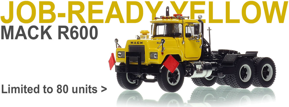 1:50 scale diecast model of  Mack R600 Tandem Axle Tractor - Yellow 1021 over Black