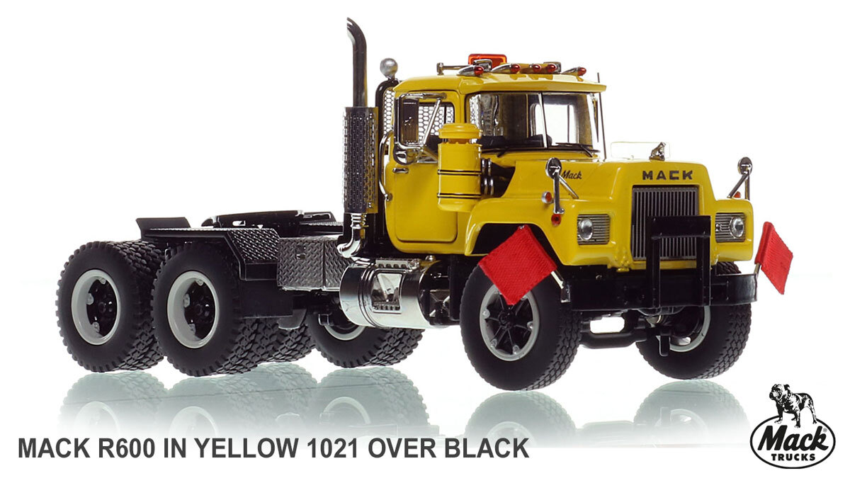 1:50 scale model of  Mack R600 Tandem Axle Tractor - Yellow 1021 over Black