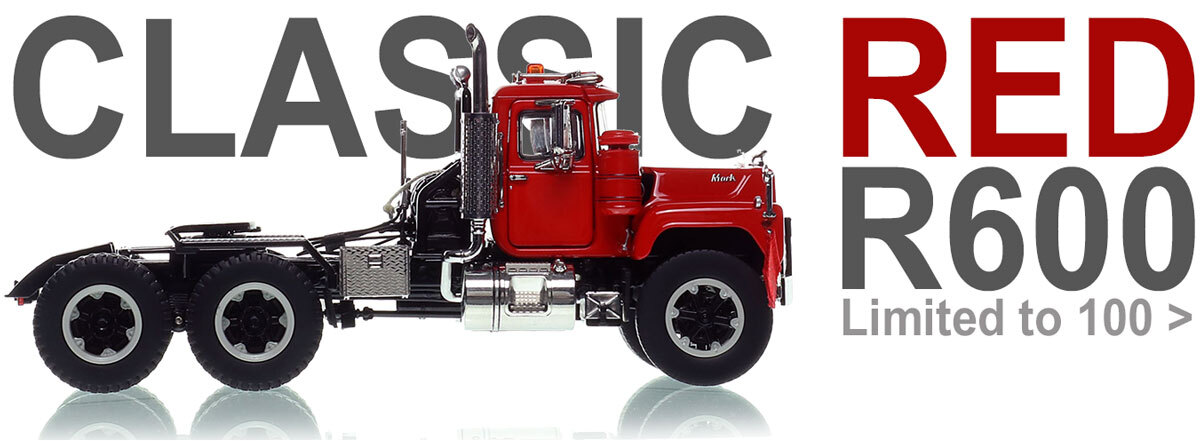 1:50 scale diecast model of  Mack R600 Tandem Axle Tractor - Viper Red over Black