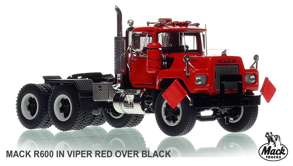 1:50 scale model of Mack R600 Tandem Axle Tractor - Viper Red over Black