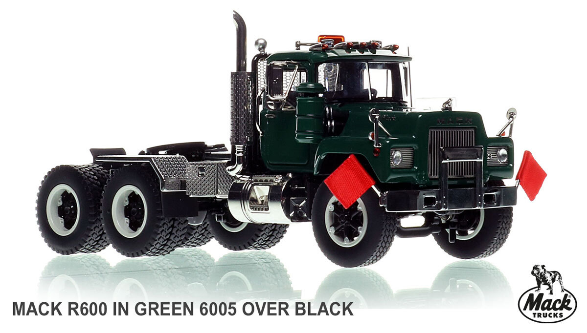 1:50 scale model of  Mack R600 Tandem Axle Tractor - Green 6005 over Black