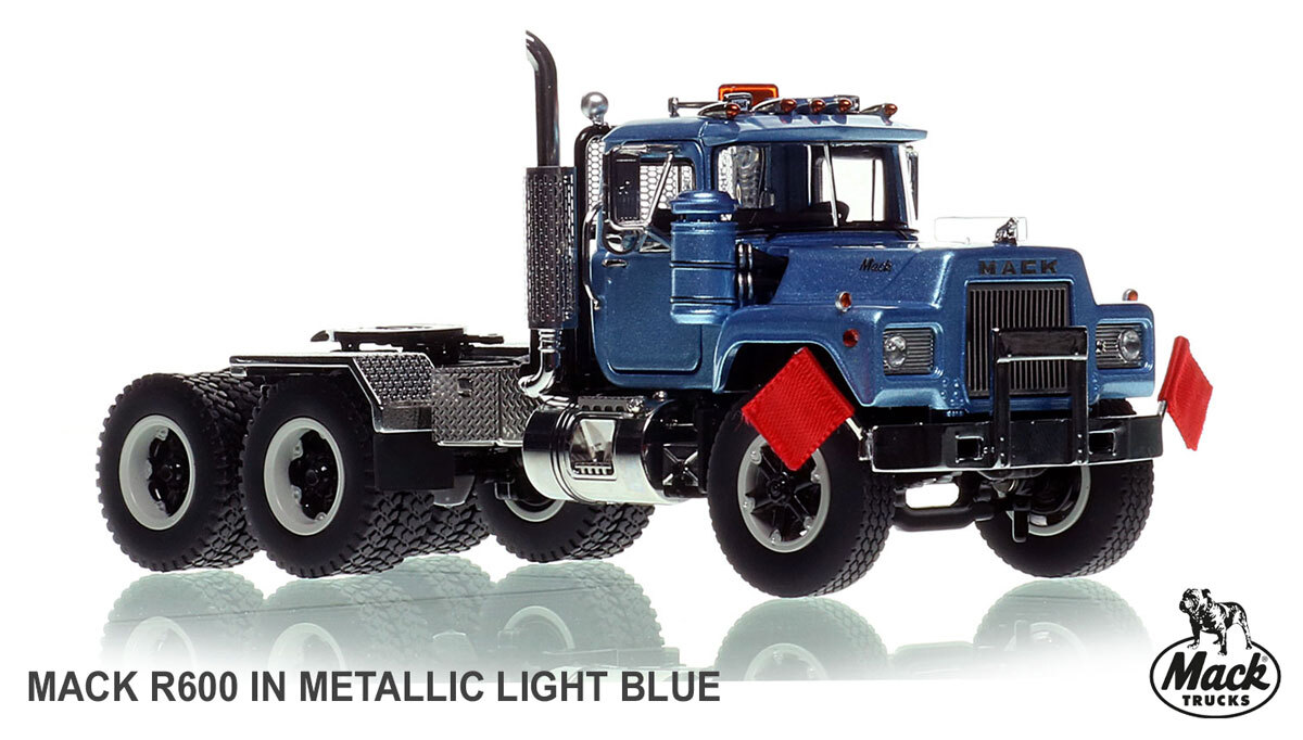 1:50 scale diecast model of  Mack R600 Tandem Axle Tractor - Metallic Light Blue
