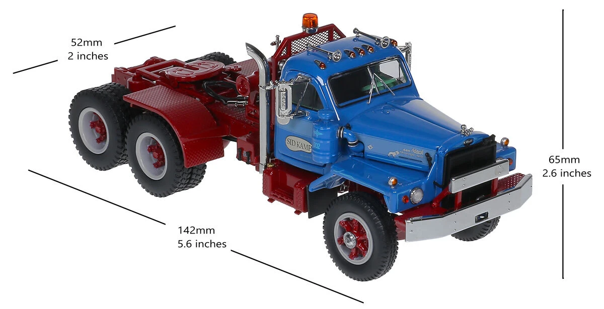 Dimensions of 1:50 Scale Diecast Model of Sid Kamp Trucking 1964 Mack B-81 Tandem Axle Tractor