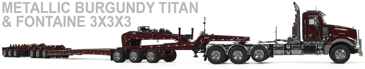 1:50 Scale Diecast Model of Mack Titan Tri-Axle with Fontaine 3x3x3 Flat Level Deck Trailer - Metallic Burgundy by Heavy Haul Replicas