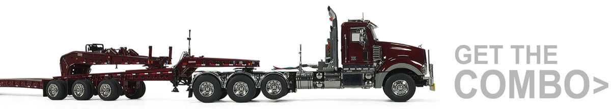 1:50 Scale Diecast Model of Mack Titan Tri-Axle with Fontaine 3x3x3 Flat Level Deck Trailer - Metallic Burgundy