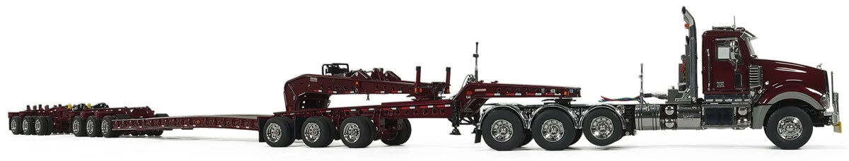 1:50 Scale Diecast Model of Mack Titan Tri-Axle with Fontaine 3x3x3 Flat Level Deck Trailer - Metallic Burgundy