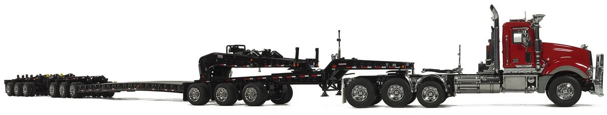 1:50 Scale Diecast Model of DHH Red Mack Titan with Black Fontaine 3x3x3 Flat Level Deck Trailer by Heavy Haul Replicas