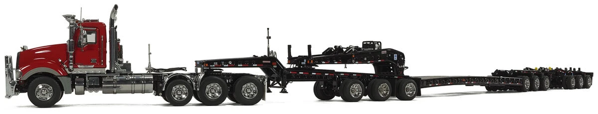 1:50 Scale Diecast Model of DHH Red Mack Titan with Black Fontaine 3x3x3 Flat Level Deck Trailer by Heavy Haul Replicas