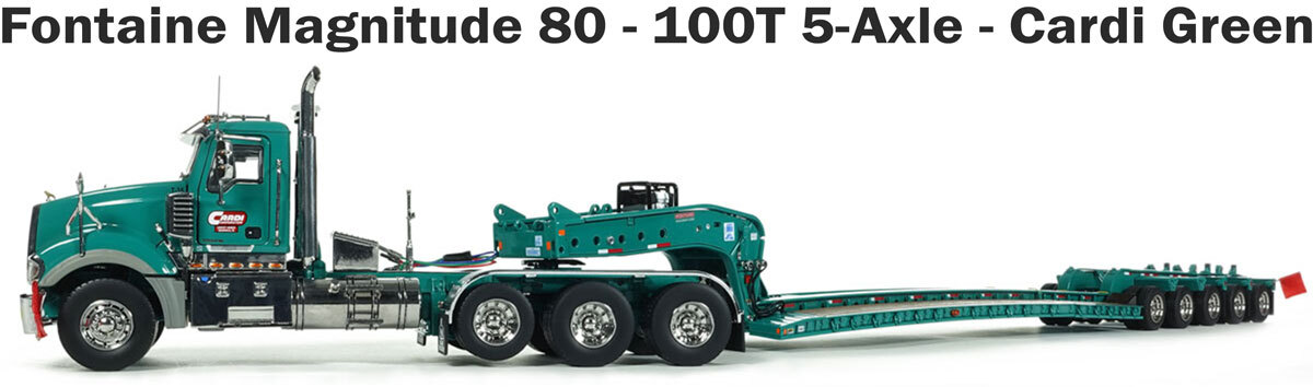 Cardi Corporation Mack Titan with 1:50 Scale Diecast Model of Fontaine Magnitude 80 - 100-Ton 5-Axle Drop Side Rail Trailer - Cardi Green