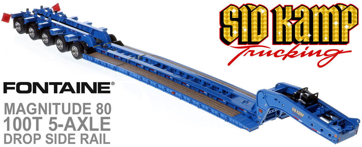 1:50 scale diecast model of Fontaine Magnitude 80 - 100-Ton 5-Axle Drop Side Rail Trailer - Sid Kamp Trucking