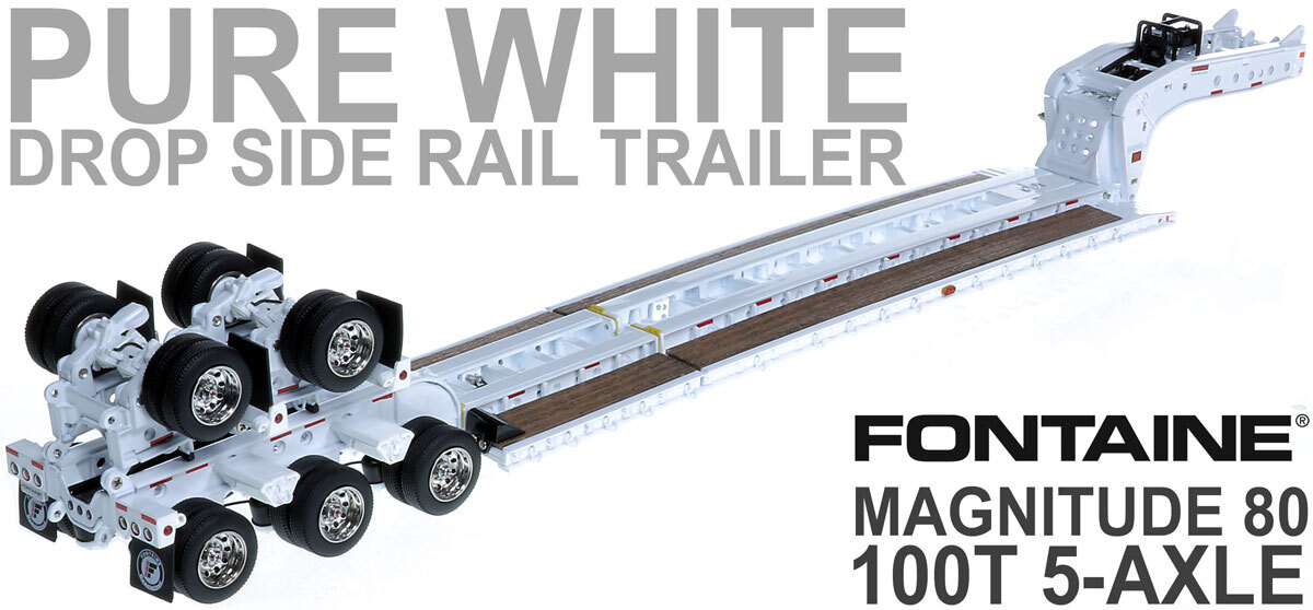 1:50 scale diecast model of Fontaine Magnitude 80 - 100-Ton 5-Axle Drop Side Rail Trailer - White1:50 scale diecast model of Fontaine Magnitude 80 - 100-Ton 5-Axle Drop Side Rail Trailer - White