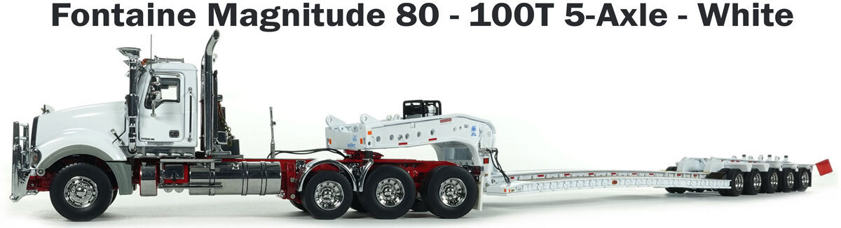 Mack Titan with 1:50 Scale Diecast Model of Fontaine Magnitude 80 - 100-Ton 5-Axle Drop Side Rail Trailer - White