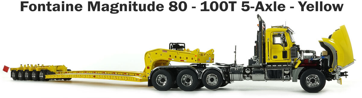 Yellow Mack Titan with 1:50 Scale Diecast Model of Fontaine Magnitude 80 - 100-Ton 5-Axle Drop Side Rail Trailer - Yellow 1021