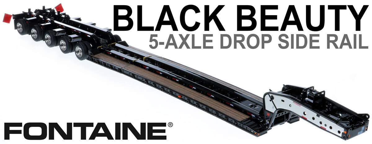 1:50 scale diecast model of Fontaine Magnitude 80 - 100-Ton 5-Axle Drop Side Rail Trailer - Black