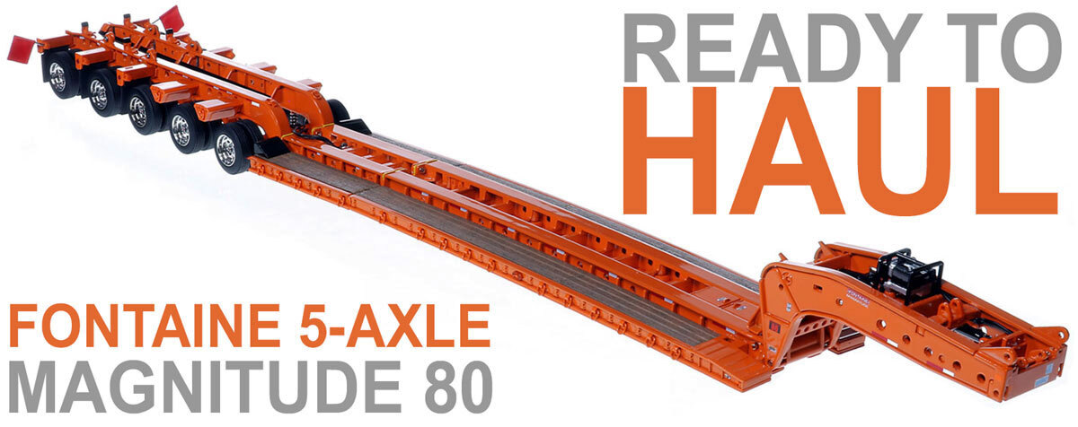 1:50 scale diecast model of Fontaine Magnitude 80 - 100-Ton 5-Axle Drop Side Rail Trailer - Orange 2010