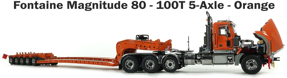 Mack Titan with 1:50 Scale Diecast Model of Fontaine Magnitude 80 - 100-Ton 5-Axle Drop Side Rail Trailer - Orange 2010