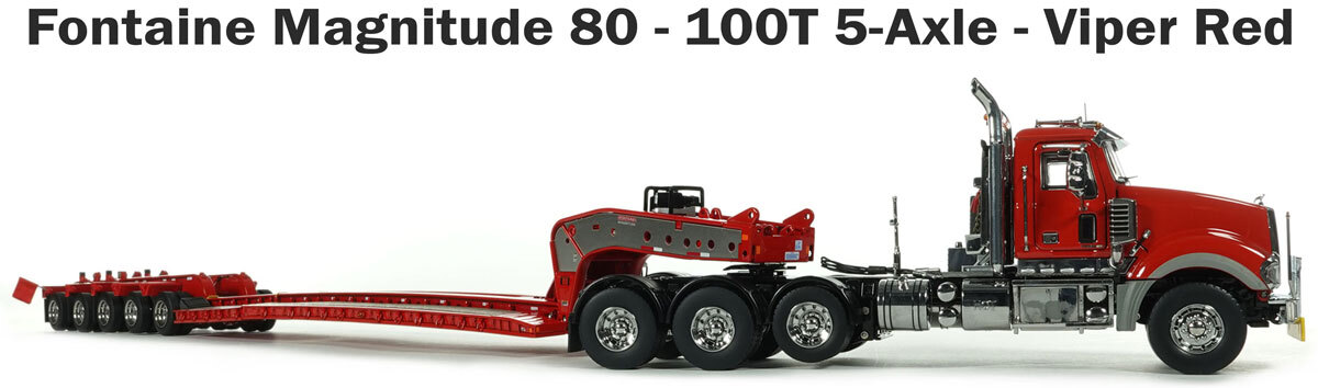 Mack Titan with 1:50 Scale Diecast Model of Fontaine Magnitude 80 - 100-Ton 5-Axle Drop Side Rail Trailer - Viper Red