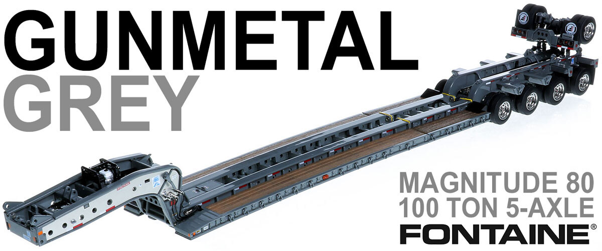 1:50 scale diecast model of Fontaine Magnitude 80 - 100-Ton 5-Axle Drop Side Rail Trailer - Gunmetal Grey