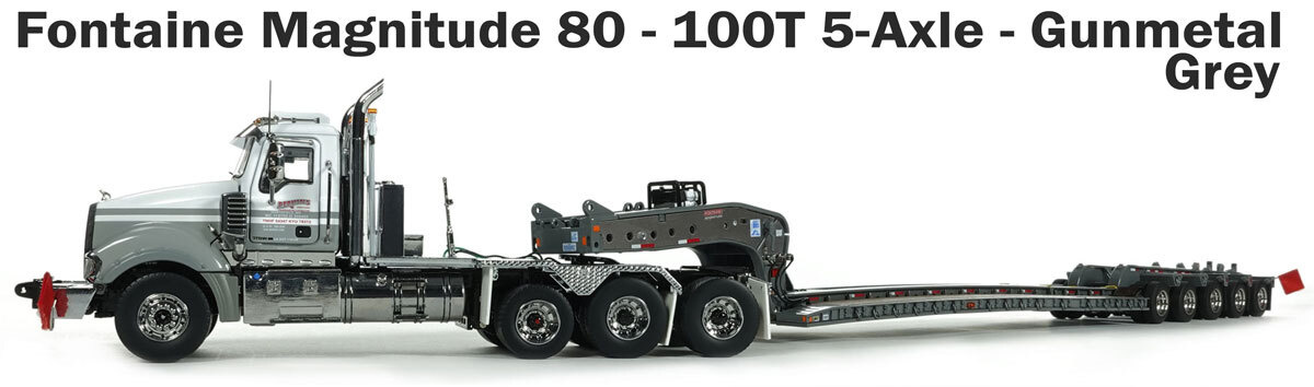 Perkins STC Mack Titan with 1:50 Scale Diecast Model of Fontaine Magnitude 80 - 100-Ton 5-Axle Drop Side Rail Trailer - Gunmetal Grey