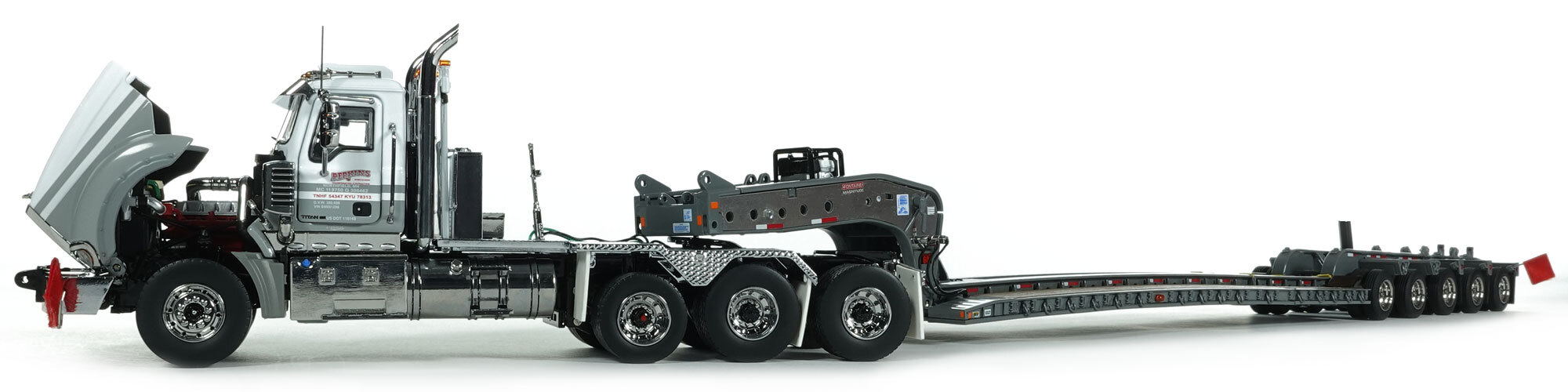 1:50 Scale Diecast Model of Perkins STC Mack Titan Tri-Axle with Gunmetal Grey Fontaine 100-Ton 5-Axle Step Deck Trailer