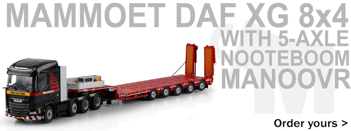 1:50 diecast scale model of Mammoet Volvo 6x2 FH5 with 3-Axle Faymonville Lowloader