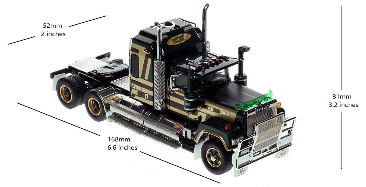 dimensions of 1:50 scale diecast model of Mack Bicentennial Superliner II Tandem-Axle Sleeper - Ernest Giles AU