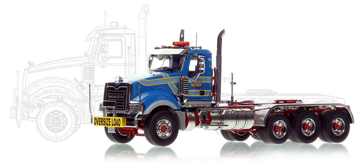1:50 scale model of Sid Kamp Trucking 2018 Mack Titan Tri-axle Tractor