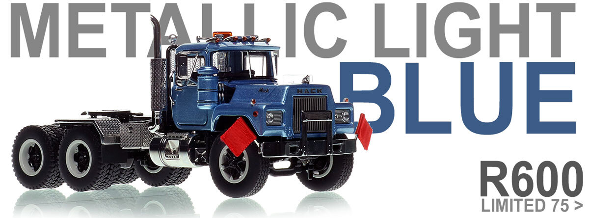 1:50 scale diecast model of Mack R600 Tandem Axle Tractor - Metallic Light Blue