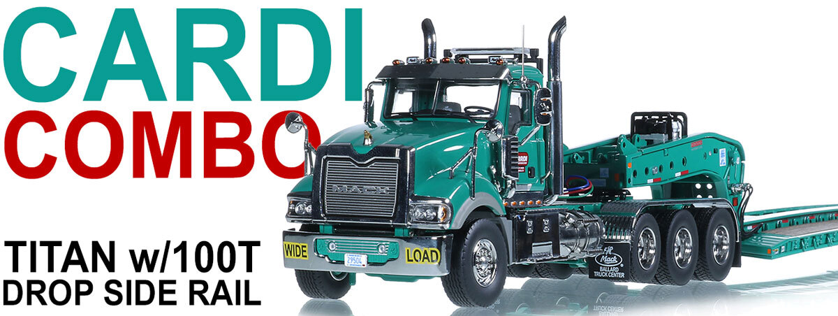 1:50 scale diecast models of Cardi Mack Titan Tri-Axle with Fontaine 100-Ton 5-Axle Step Deck Trailer