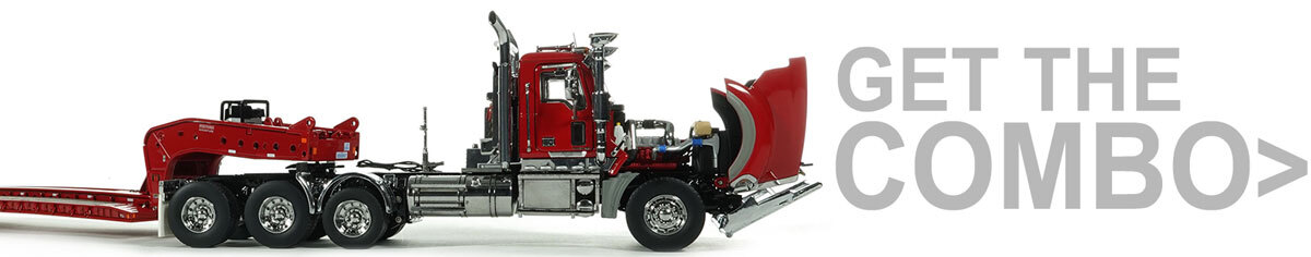 1:50 Scale Diecast Model of Fontaine Magnitude 80 - 100-Ton 5-Axle Drop Side Rail Trailer - DHH Red with DHH Red Mack Tri-Axle Titan